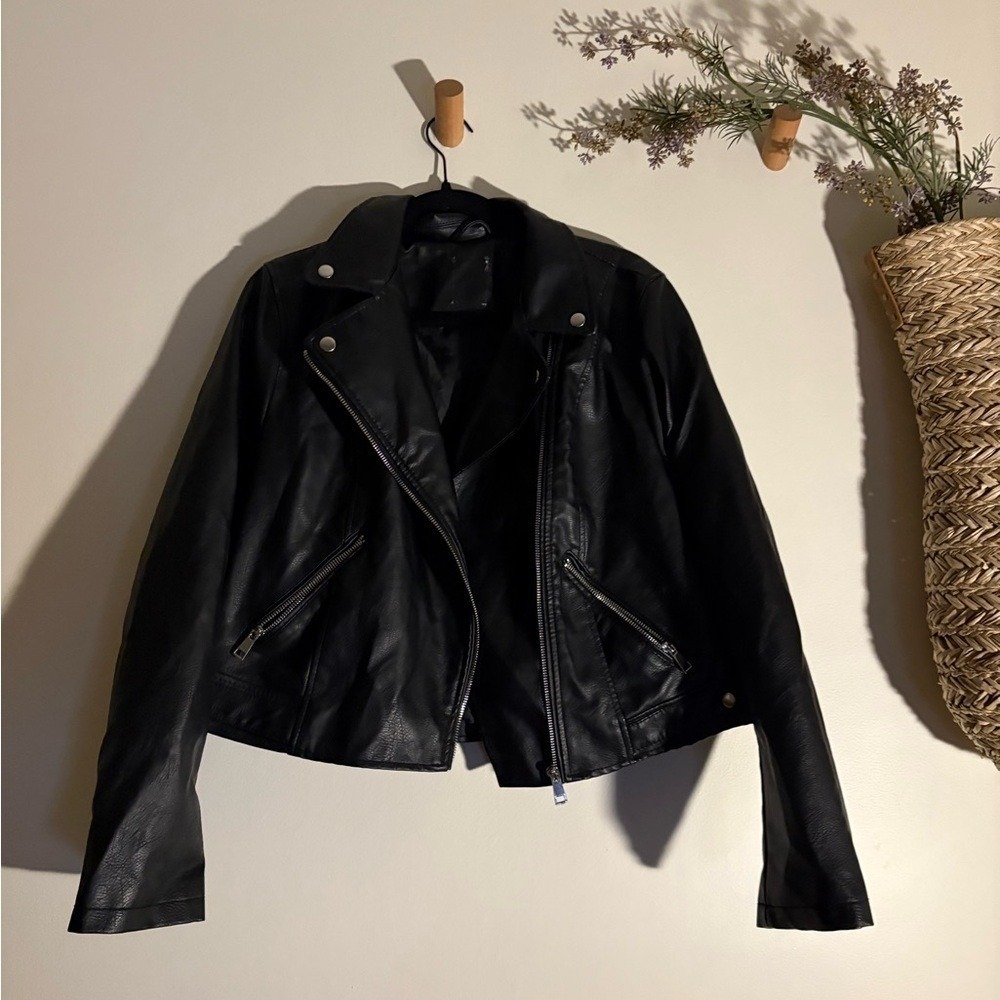 Black Faux Leather Biker Jacket -Small Medium